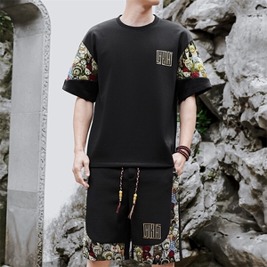夏季薄款刺绣拼接休闲运动短裤T恤套装小熊拼接A266-TZ8808-P50