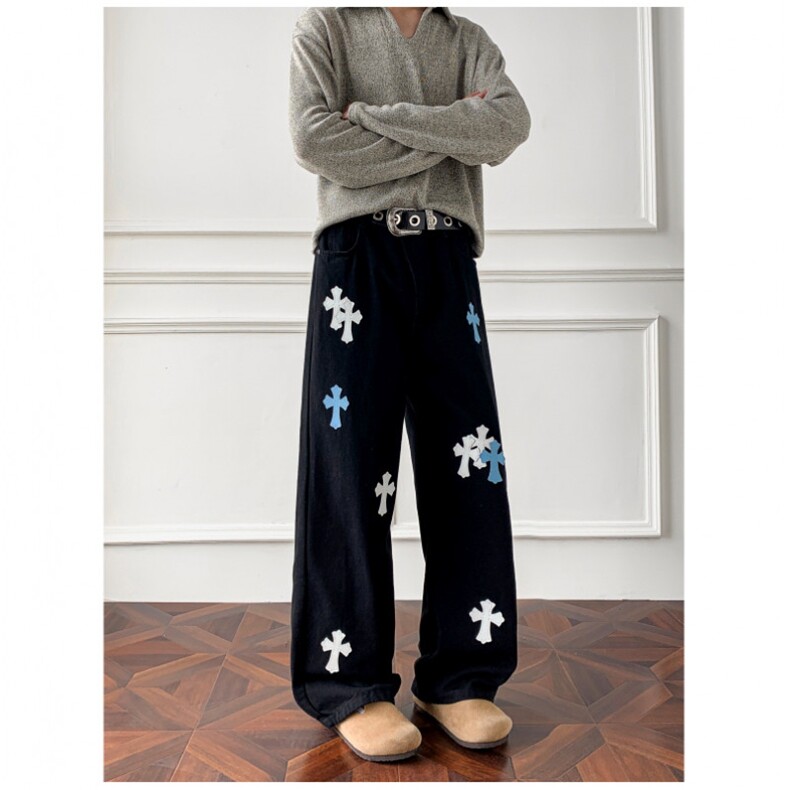 2025潮牌CH重工拼皮梵文刺绣十字架高街牛仔裤长裤修身裤男女同款，男装皮裤，四季星座505