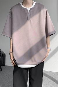 8XL-M重磅斜纹假两件短袖t恤男夏季薄款宽松大码半袖体恤DT006P45图片