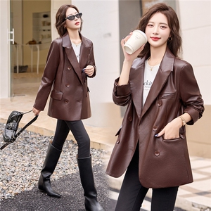 高级感西装皮衣外套女2025秋季新款通勤气质干练中长款皮夹克大衣图片