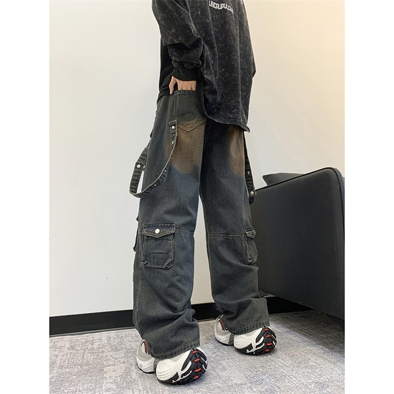 美式复古水洗多口袋工装牛仔裤男女同款宽松休闲百搭阔腿裤,男装牛仔裤,星座410-6（原星座1304-1）