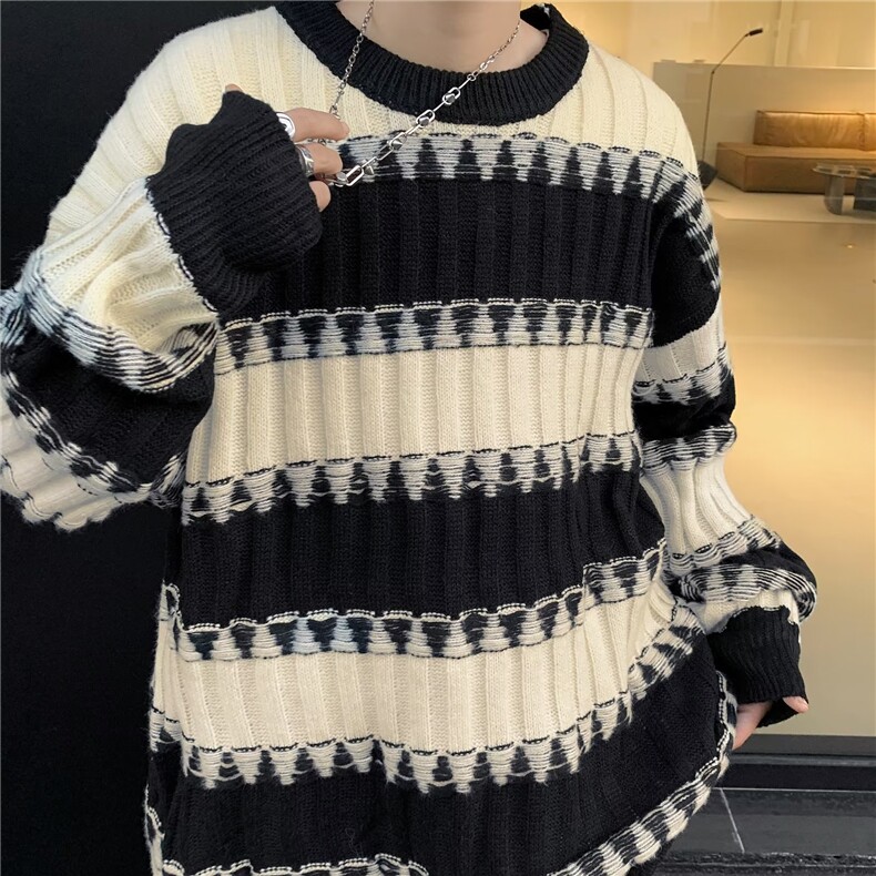 W620-P40撞色条纹毛衣男女秋冬季宽松设计感圆领针织衫情侣外套，男装针织衫/毛衣，星座911-1