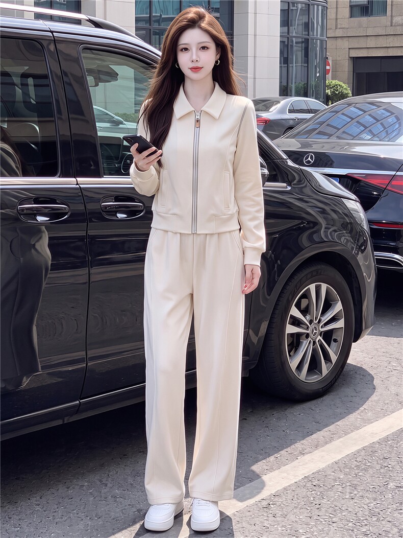 韩系女春秋新款套装时尚洋气休闲减龄翻领开衫外套阔腿长裤两件套,女装套装/套裙,江南