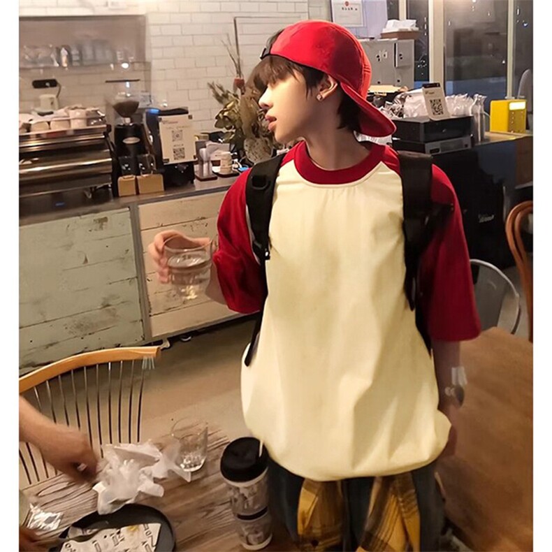 抖音得物高品质二开240克宽松纯棉美式潮牌插肩袖拼接短袖T恤，男装T恤，电商A486-1