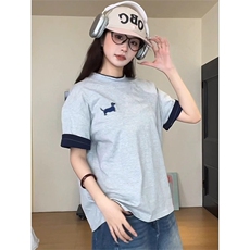 小狗刺绣撞色短袖t恤女夏季潮牌设计感美式复古圆领宽松半袖上衣，男装T恤，星座1210-1