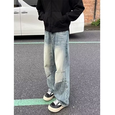 高街水洗褶皱弯刀牛仔裤男美式宽松设计感直筒阔腿裤N7090-P55，男装牛仔裤，星座208-5