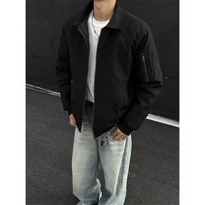 黑色休闲夹克男生秋季复古翻领长袖外套高级感cleanfit修身上衣服图片