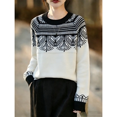 2026年秋季套头时尚百搭通勤休闲圆领黑白提花，女装针织衫/毛衣，暖姿羊绒