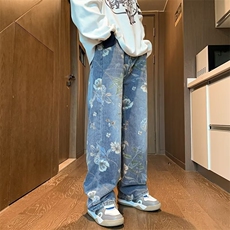 美式复古牛仔裤男款秋季潮牌花卉印花休闲长裤网红同款裤子，男装牛仔裤，星座410-7