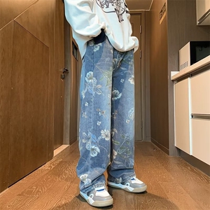美式复古牛仔裤男款秋季潮牌花卉印花休闲长裤网红同款裤子图片