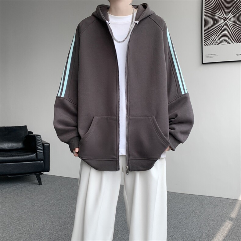 8XL-M秋冬美式运动三条杠条纹开衫卫衣连帽特大码宽松JK5206/P65,男装卫衣,电商B238