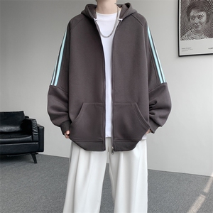 8XL-M秋冬美式运动三条杠条纹开衫卫衣连帽特大码宽松JK5206/P65图片
