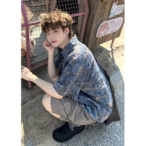 破坏格子短袖衬衫男女夏季复古休闲宽松半袖衬衣 CS84图片