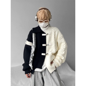 【有货】D558-P75不规则撞色拼接毛衣男冬季新款宽松针织开衫潮图片