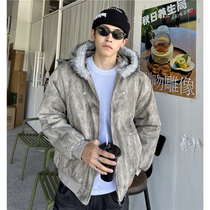 美式丝染座山雕染色连帽冬季重工厚大毛领夹棉棉服外套图片