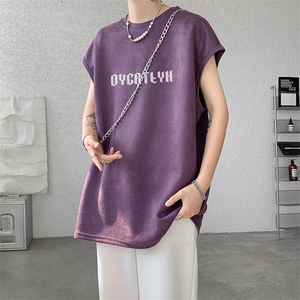 短袖背心男夏季新款港风宽松鹿皮绒圆领套头大码坎肩T9933-P19图片