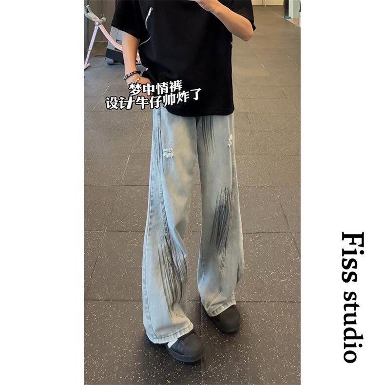 7306-P40美式复古蓝工装牛仔裤男款夏季微喇裤子宽松阔腿弯刀裤,男装牛仔裤,星座215-1