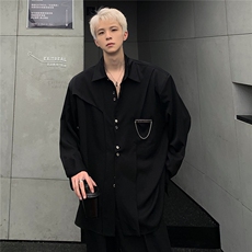 小众高级感极简金属扣立领垫肩衬衫廓形痞帅纯色宽松衬衣CS87-P58，男装衬衫，电商C307