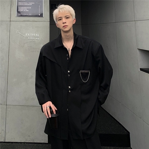小众高级感极简金属扣立领垫肩衬衫廓形痞帅纯色宽松衬衣CS87-P58图片