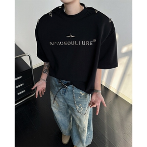 8XL-M夏季小众解构飞机扣一字肩设计稿短袖立体T恤卫衣男DX331P58图片