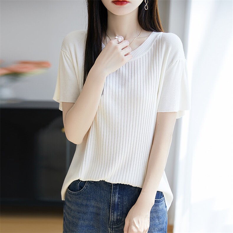 设计感小众正肩短袖女t恤夏季新修身短款灰色上衣服,女装T恤,广悦羊绒