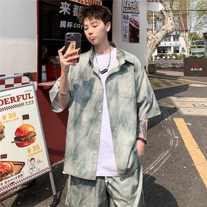 2025美式扎染印花冰丝凉感短袖碎花衬衫薄套装 TZ5655/特P45 绿3图片