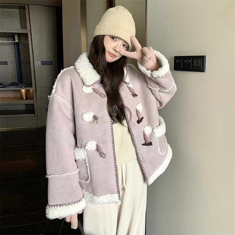 现货新款羊羔毛麂皮加厚短外套皮毛一体1611P195控288，女装短外套，浙宝295A