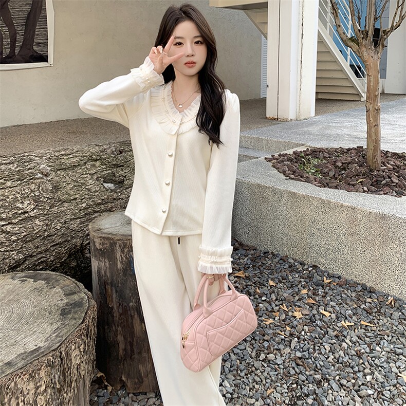 2024春季新款荷叶边针织开衫女春秋法式温柔气质针织两件套,女装套装/套裙,浙宝042