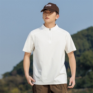 T835 夏季男士圆领纯色速干运动半拉链短袖T恤P42 模特图图片