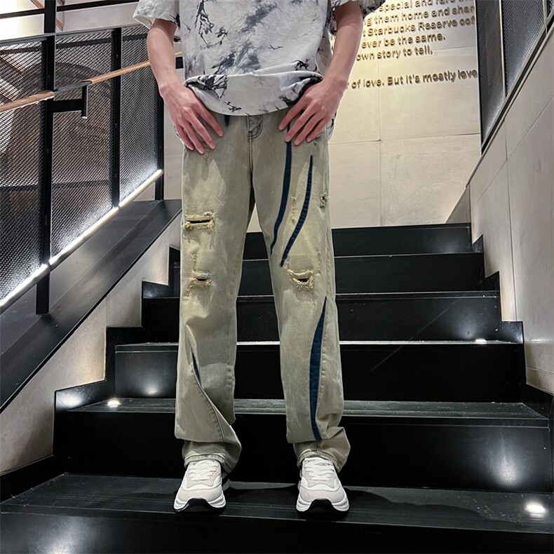 美式黄泥破洞牛仔裤男夏季直筒痞帅潮牌高街拼色宽松裤N0068-P45,男装牛仔裤,星座308B-2