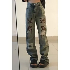 美式休闲痞帅复古破洞牛仔裤男直筒宽松高街直筒裤子L10911-P40，男装牛仔裤，星座1008