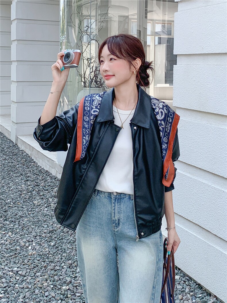 《档口现货》2026秋上新超柔软蛋白皮外套配丝巾气质皮衣小外套女,女装皮衣,时尚风爆