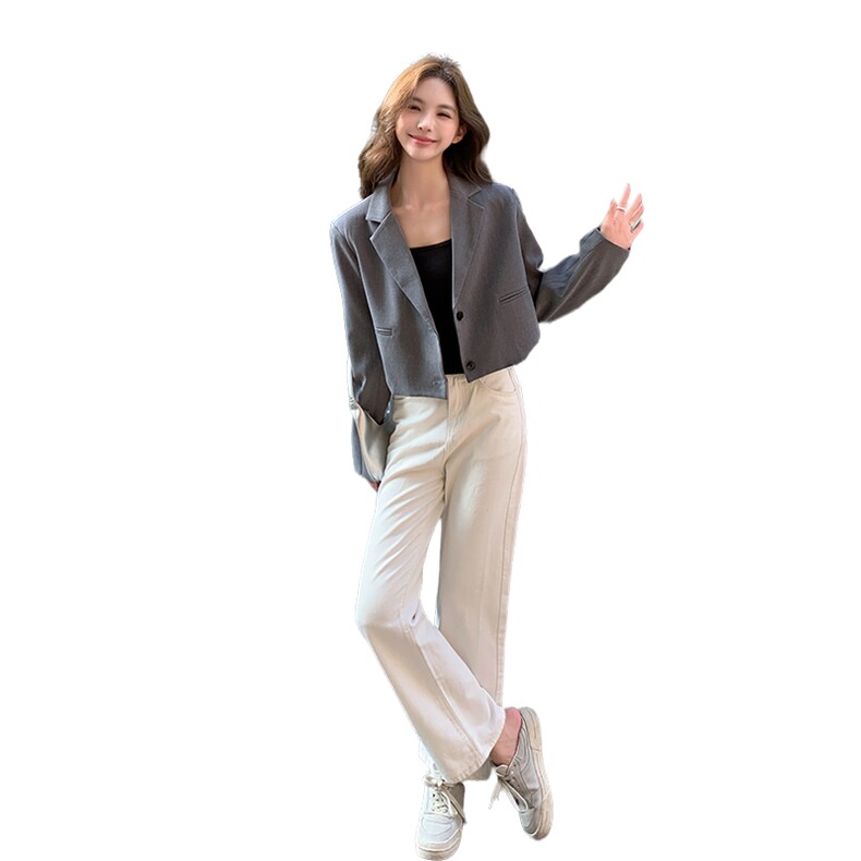 灰色单排扣西装春秋女2025新款小个子休闲百搭设计感短款小西服潮,女装短外套,2C057