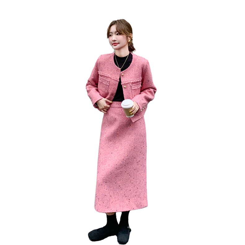 小香风羽绒服套装女2025年冬季新款气质高级感粉色配半身裙两件套,女装套装/套裙,1D102-1