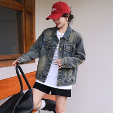 复古牛仔外套女工装风夹克2024秋新港风款宽松显瘦百搭短款上衣潮，女装牛仔外套，跑量工厂店