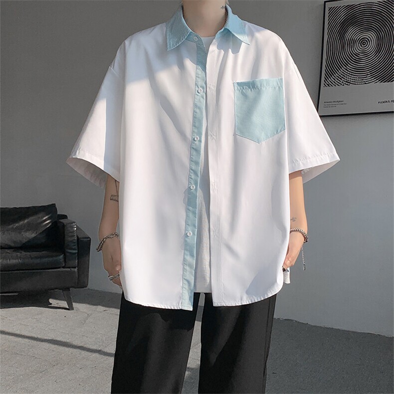 仓库现货CS1120-特批25条纹撞色拼接百搭痞帅大码短袖衬衫,男装衬衫,电商A059