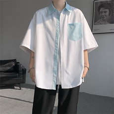 仓库现货CS1120-特批25条纹撞色拼接百搭痞帅大码短袖衬衫，男装衬衫，电商A059