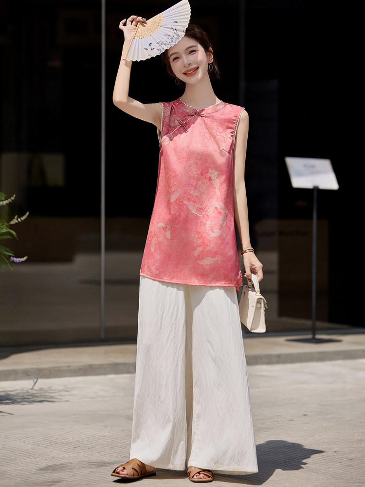 阔腿裤套装女夏新款高级感小个子新G潮时尚盘扣印花上衣两件套,女装套装/套裙,意芙
