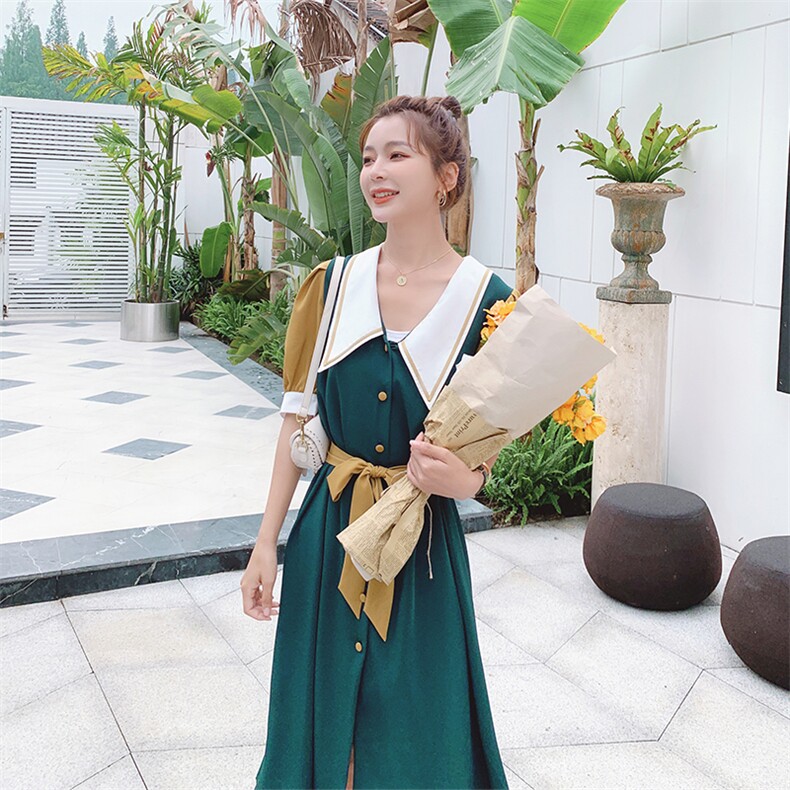 13号出货，款数据好，撞色拼接V领连衣裙011-896p100k148,女装连衣裙,Mushroom
