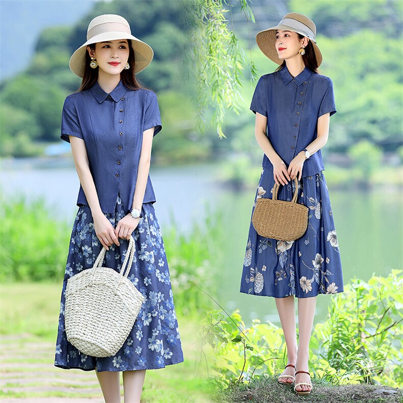 2024夏天丝牛仔套装两件套连衣裙,女装套装/套裙,伊航服饰