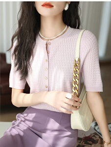 轻奢贵妇~精纺羊毛夏季新款圆领短袖T恤女修身显瘦洋气减龄上衣图片