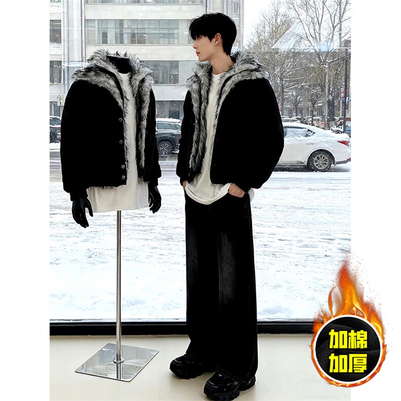 现货高品质美式高街重磅狼王座山雕毛毛领假两件棉衣加厚棉服外套，男装棉衣，电商A486-1