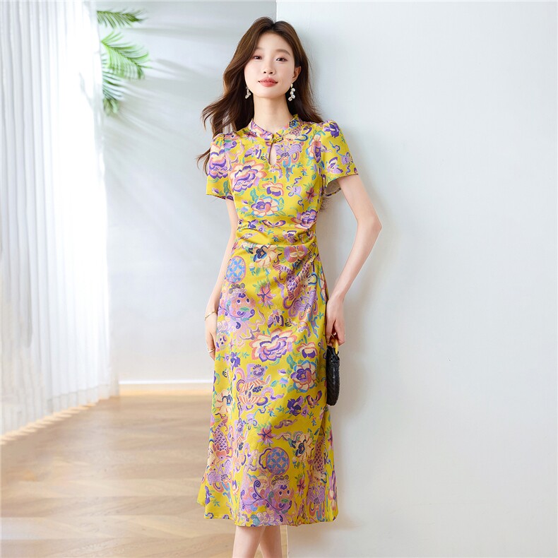 慕未家J夏装新款立领打褶中长上衣松紧腰短裤时尚国风熹58298,女装连衣裙,布芭啦