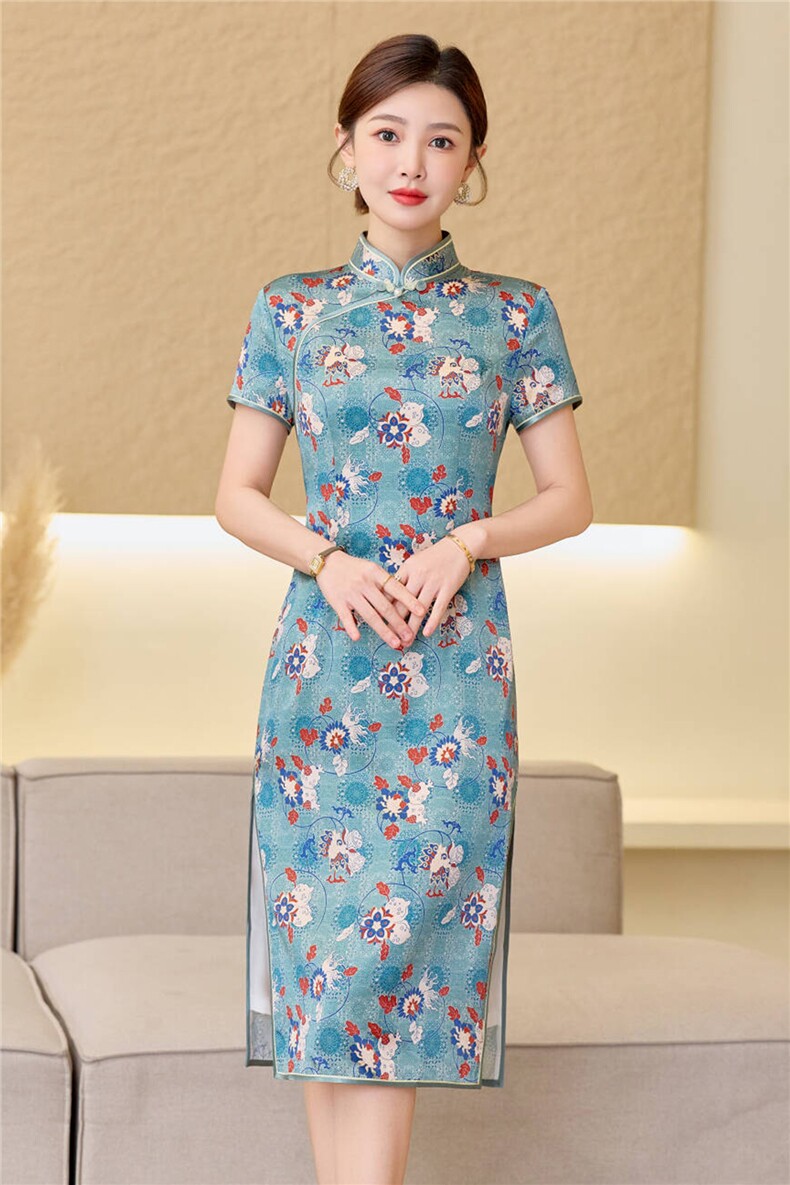 杭州品质真丝长裙复古印花连衣裙女春夏日常修身潮流真丝旗袍,女装汉服/婚纱/旗袍/礼服,小荷流
