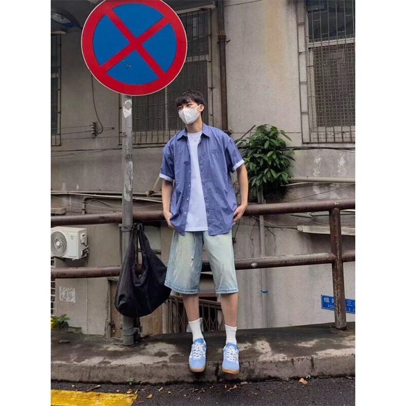 蓝色格子短袖衬衫女男夏季2025新款设计感小众宽松港风穿搭休闲,男装衬衫,星座506A