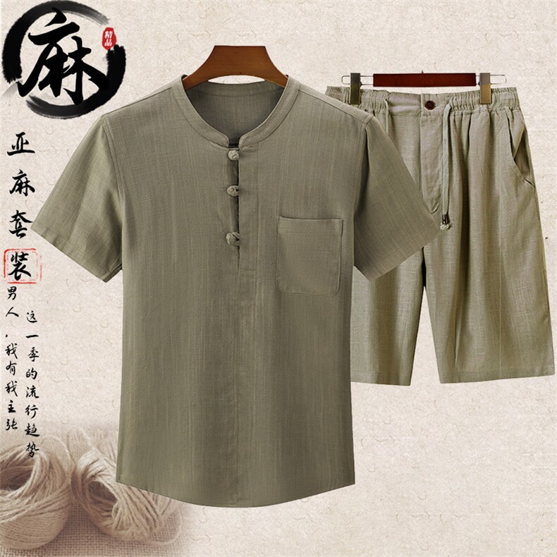 2024大货夏男款中老年风亚麻短裤套装短袖T恤棉麻T恤短裤套装，男装休闲套装，钱塘723