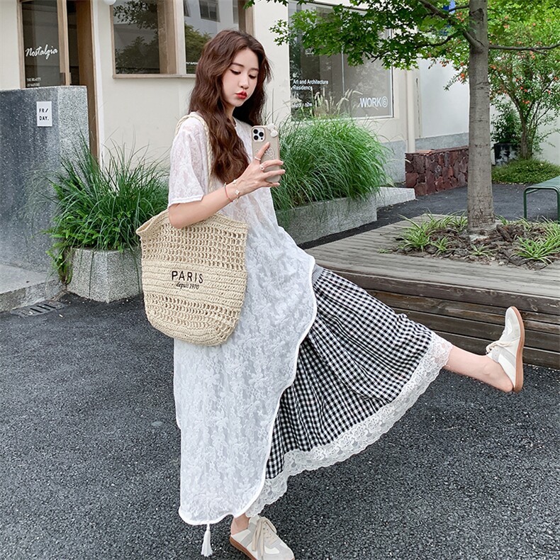 慵懒风绝美叠穿蕾丝连衣裙套装女夏季2025年新款格子半身裙两件套图片