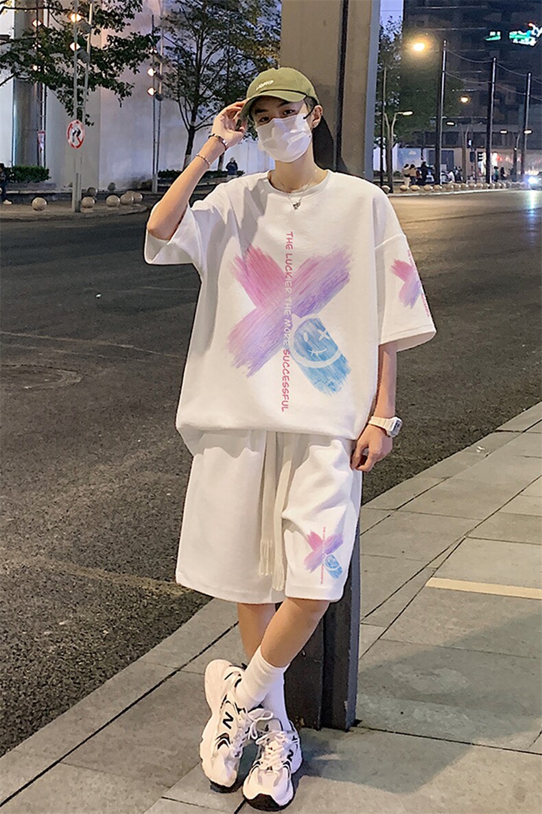 休闲运动套装男2024冰丝时尚一套短袖短裤情侣大码高级感夏季潮流,男装休闲套装,电商B367