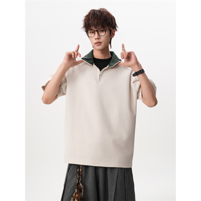 M-8XL美式复古撞色拼接polo衫半拉链短袖t恤大码宽松DX1227/特P40,男装T恤,电商B238