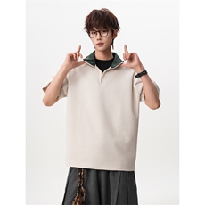 M-8XL美式复古撞色拼接polo衫半拉链短袖t恤大码宽松DX1227/特P40，男装T恤，电商B238